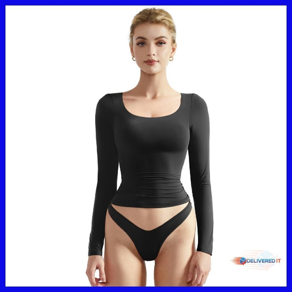 Double Lined Scoop Neck Long Sleeve Crop Top - Buttery Soft Fitted Tee